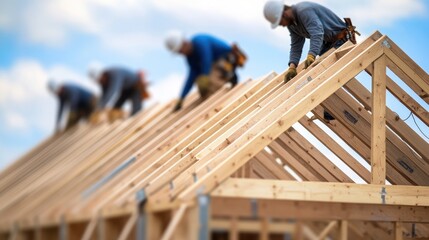 Construction workers assembling a wooden roof framework on a building site.