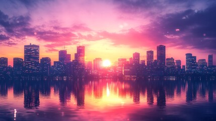 Obraz premium Majestic Urban Skyline at Sunset with Vibrant Colors and Copy Space Above