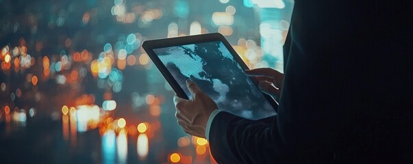 Businessman Using Tablet With World Map on Screen In Front of City Lights.