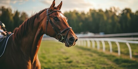 Obraz premium A brown horse with a bridle, near a fence.
