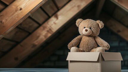 Teddy Bear Sitting on Cardboard Box in Attic