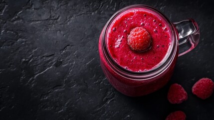 Raspberry smoothie in mug, black background.