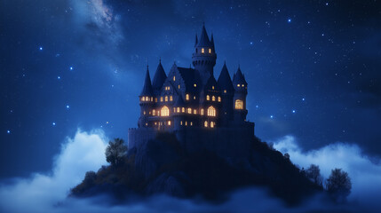 Majestic castle on a hill with a starry night sky illuminated