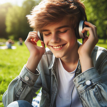 adolescent en gros plan, souriant et heureux, qui &eacute;coute de la musique avec un casque audio dans un parc au soleil