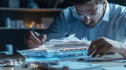 An architect is working on a model of a The structure of the Cruise ship structure creative digital blue tone neon