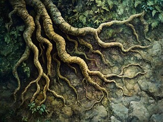 Obraz premium Intricate Tangled Root System Emerging from Earth in Lush Forest Ecosystem
