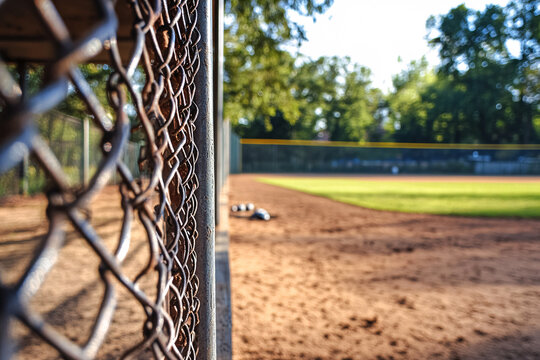 From the dugout, the view of the baseball diamond is framed by the chain-link fence