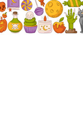 Halloween poster, vertical a4 background, space for text. Colorful icons upper frame. Holiday elements, moon, cat, pumpkin, sweets, zombie hand. For card, banner, invitation, party, fest or planner
