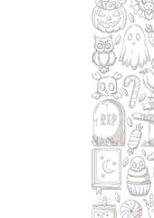 Halloween poster, vertical a4 vector background, space for text. Minimalist gray icons, right side border frame. Spooky ghost, spell book, skull and bones. For banner, invitation, party, planner