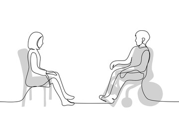 woman doctor sitting on chair opposite her sitting man in motorized wheelchair - one line art vector. concept medical care for people with disabilities