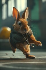 Brown rabbit wears black jacket white shirt runs with orange ball in room. Rabbit alert ears point upwards. Fitness training exercise sport stream influencer lifestyle.