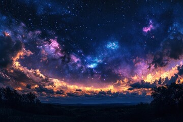 Naklejka premium Starry night sky with clouds.. Panorama. Universe filled with stars, nebula and galaxy,. Elements of this image furnished , ai