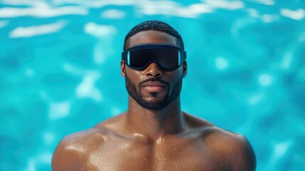 Fototapeta premium Swimmer, waterproof fitness band, digital stroke analysis, advanced wearable tech, futuristic pool