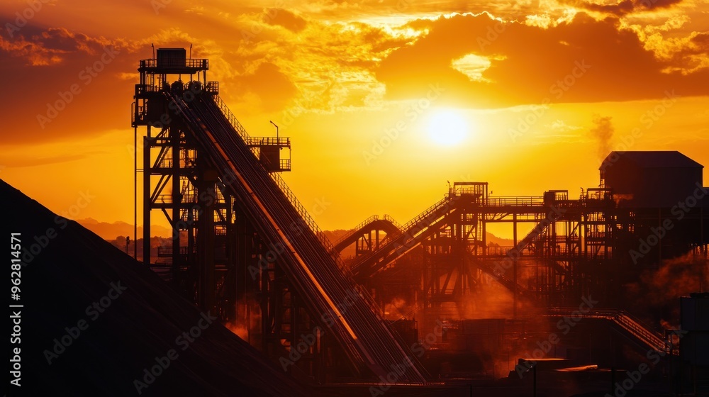 Sticker Industrial site at sunset with silhouettes of machinery and conveyor belts.