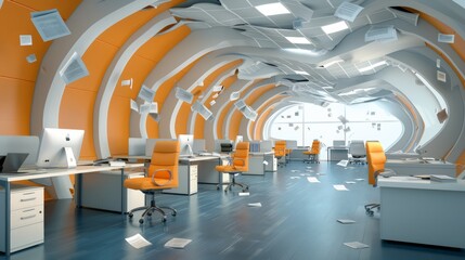 Obraz premium a surreal office space where walls are bending inward, floors cracking, desks sinking into the ground, equipment warping, papers floating in the air, a sense of financial ruin