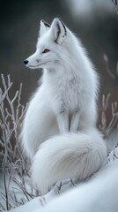 Naklejka premium Enchanting White Nine-Tailed Fox in Snowy Landscape with Ethereal Glow and Copy Space