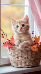 A cute orange and white kitten is sitting in a basket with autumn leaves