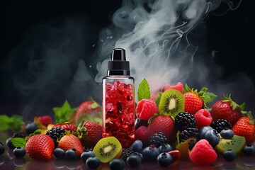 Bottle of essential oil with fresh berries and smoke on black background