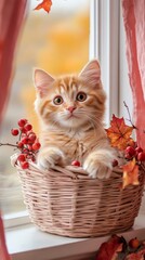 A cute orange and white kitten is sitting in a basket with autumn leaves
