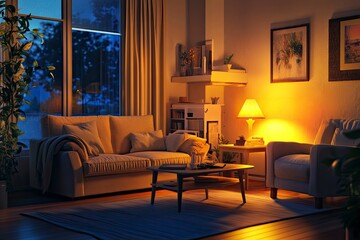 Interior of living room with sofa, armchair, table and glowing lamps in evening , ai