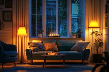Interior of living room with sofa, armchair, table and glowing lamps in evening , ai