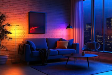 Interior of living room with sofa, armchair, table and glowing lamps in evening , ai