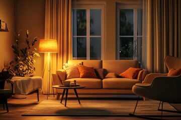 Interior of living room with sofa, armchair, table and glowing lamps in evening , ai