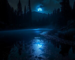 A spectral blue light casting eerie reflections on the still surface of a dark lake, surrounded by dense forest and silhouetted against the moon.