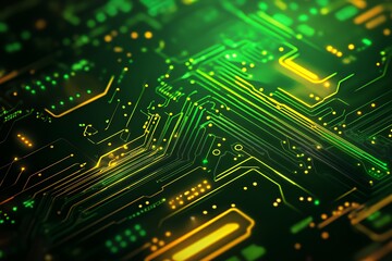 Close-up of a glowing green circuit board with yellow lines.