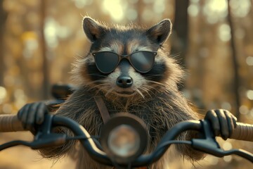 Raccoon influencer sits on black motorcycle wearing sunglasses. Vibrant red coat and black mask stand out against blurred forest background. Adventurous animal poses with cool attitude.
