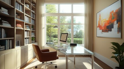 An elegant home office with a glass-top desk, ergonomic chair