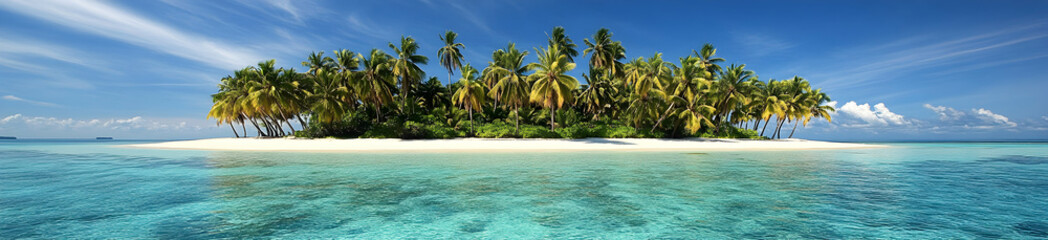 Obraz premium A remote tropical island with pristine white sand beaches, lush palm trees, and crystal-clear turquoise waters gently lapping at the shore under a cloudless sky