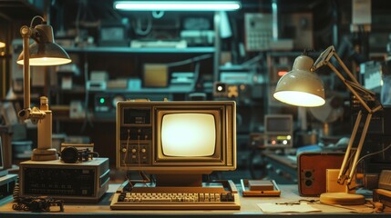 Dimly lit workshop featuring a vintage computer with a CRT monitor, surrounded by various electronic devices and tools. Ideal for projects related to technology, innovation, and retro themes.