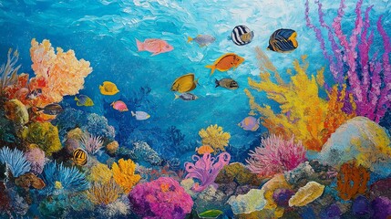 A vibrant coral reef teeming with life, with fish of all shapes and sizes swimming among the coral