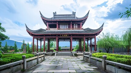 Obraz premium Immerse yourself in the tranquility of a picturesque landscape adorned with timeless traditional architecture and cultural symbols.