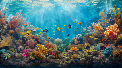 Obraz premium A vibrant coral reef teeming with life, with fish of all shapes and sizes swimming among the coral