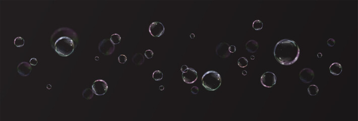 Bubble PNG. Set of realistic soap bubbles. Bubbles are located on a black background. Vector flying soap bubbles. Water glass bubble realistic png	