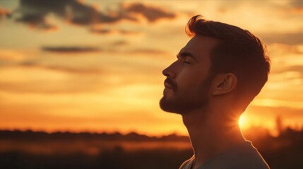 A man with his eyes closed looking up at the sunset