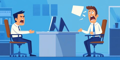 Two men argue at a desk in an office.