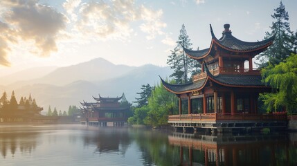 Naklejka premium Immerse yourself in the tranquility of a picturesque landscape adorned with timeless traditional architecture and cultural symbols.