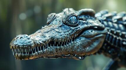 Obraz premium Close-up of a cybernetic crocodile showcasing detailed metal structures, blending organic and technological elements. Ideal for sci-fi, robotics, and fantasy themes.