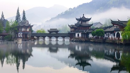 Naklejka premium Immerse yourself in the tranquility of a picturesque landscape adorned with timeless traditional architecture and cultural symbols.