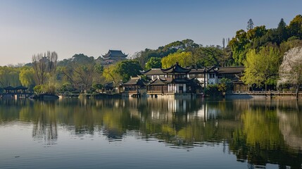 Obraz premium Immerse yourself in the tranquility of a picturesque landscape adorned with timeless traditional architecture and culturalsymbols.