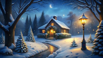 Fototapeta premium Charming winter cottage, cozy mood, illuminated house in snowy landscape with street lamp