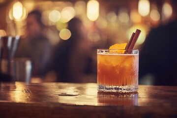 Autumnal cocktail on a bar counter with defocused people in the background