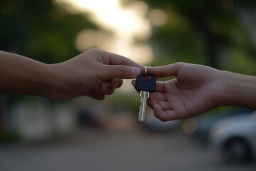 Renters receive keys from landlord at apartment complex. Close-up shot of hands exchanging keys on street or parking lot background. Standard black key with silver stripe. Cozy apartment scene.