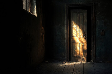 In a dark room, the only light comes from a cracked door, symbolizing a yearning for escape