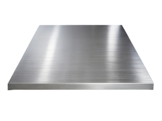Brushed silver metal sheet viewed from a low angle, showcasing a sleek and reflective surface. Ideal for industrial, architectural, and design applications. Isolated on transparent background, png.