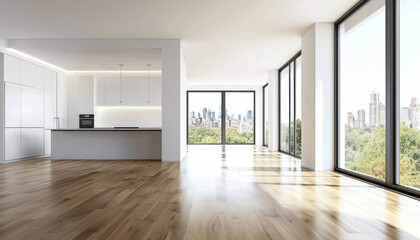 A modern, spacious living area with large windows offering a city view, featuring wooden flooring and a minimalist kitchen.