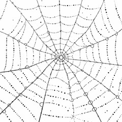 Fototapeta premium A detailed, black and white illustration of a spider web with dew drops on the threads.